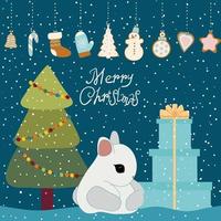 2023 year of the rabbit. Cute Christmas bunny at the Christmas tree with gifts. Vector illustration.