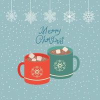 Hot chocolate with marshmallows. A cup with an ornament in the form of snowflakes and the inscription Merry Christmas. Vector illustration