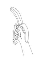 Continuous one-line drawing of a hand holding a banana fruit. A woman hand holds a banana. Drawing with one line. vector