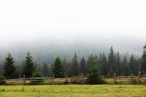 Prado de otoño con una valla de madera vieja en una granja de cerca, en las montañas humeantes en un día brumoso. destino de viaje escénico, montañas de los cárpatos foto