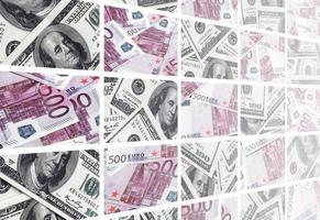 A collage of many images of euro banknotes in denominations of 100 and 500 euros lying in the heap photo