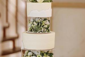 Wedding cake. Close-up photo of a beautiful white three-tiered wedding cake decorated by flowers and greenery