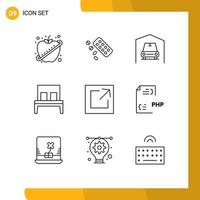 Modern Set of 9 Outlines Pictograph of share export garage sleep furniture Editable Vector Design Elements