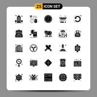 Set of 25 Commercial Solid Glyphs pack for left circle clock school pendulum Editable Vector Design Elements