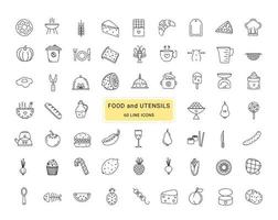 alimentos y utensilios, iconos vectoriales de 60 líneas vector