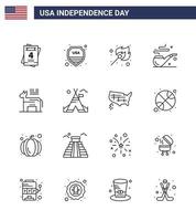 Happy Independence Day USA Pack of 16 Creative Lines of symbol american fire donkey smoke Editable USA Day Vector Design Elements