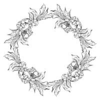 Hand drawn vector circle frame wreath arrangement with peony flowers, buds and leaves. Isolated on white background. Design for invitations, wedding or greeting cards, wallpaper, print, textile
