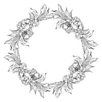 Hand drawn vector circle frame wreath arrangement with peony flowers, buds and leaves. Isolated on white background. Design for invitations, wedding or greeting cards, wallpaper, print, textile