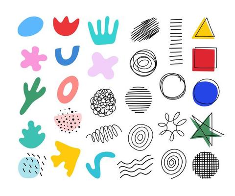 Set of abstract shapes and scribble. Hand drawn vector blots and geometric shapes in various color. Isolated on white background.