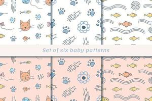 Set of seamless patterns with Cat head, fish and paws. Good for fabric, wallpaper, cover and other backgrounds for kids. vector