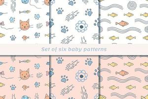 Set of seamless patterns with Cat head, fish and paws. Good for fabric, wallpaper, cover and other backgrounds for kids. vector