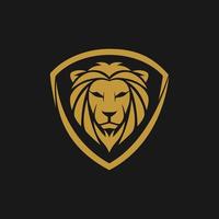 diseño de logotipo plano de cabeza de león dorado con ilustración de vector de concepto de escudo.