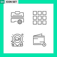 paquete de conjunto de iconos de estilo de 4 líneas. símbolos de contorno para imprimir. signos creativos aislados sobre fondo blanco. 4 conjunto de iconos.