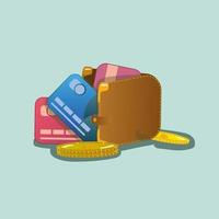 Brown wallet with plastic cards and gold spilling out of it, on blue background in cartoon style. Icon, vector