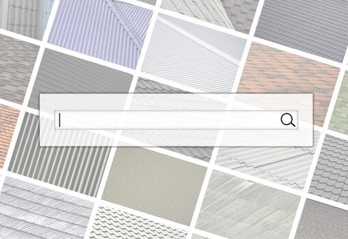 visualización de la barra de búsqueda en el fondo de un collage de muchas imágenes con fragmentos de varios tipos de techos. conjunto de imágenes con techos foto