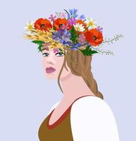 Vector isolated illustration of young ukrainian woman in bright wreath with different wildflowers.