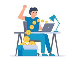 éxito financiero en el trabajo en línea, obteniendo dinero en la computadora. ingresos pasivos, salario de internet. el hombre recibe monedas que salen volando de la computadora. ganar dinero fácil. ilustración vectorial vector