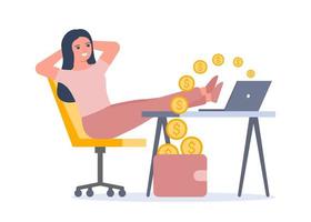 Passive income, internet salary, getting money on computer in wallet. Woman work and relax in chair while coins fly out of computer. Easy earning money. Vector illustration