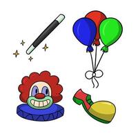 un conjunto de ilustraciones en color sobre el tema del circo, payaso, globos, estilo de dibujos animados vectoriales vector