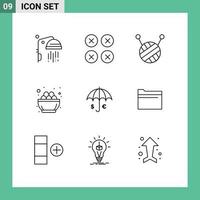 Pictogram Set of 9 Simple Outlines of euro umbrella ball of wool insurance egg Editable Vector Design Elements