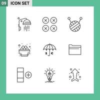 Pictogram Set of 9 Simple Outlines of euro umbrella ball of wool insurance egg Editable Vector Design Elements