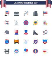 Flat Pack of 25 USA Independence Day Symbols of united flag st american building Editable USA Day Vector Design Elements