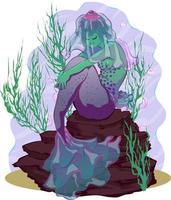 mermaid sitting on a rock with seaweed around vector