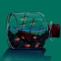 aquascape of sunken ship and fish swimming inside a bottle vector