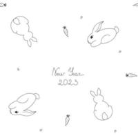 Seamless pattern hand drawn in doodle style with rabbits, carrots, hearts and the inscription New Year 2023 vector