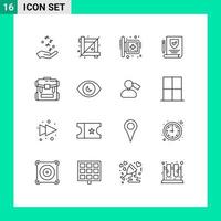 Mobile Interface Outline Set of 16 Pictograms of bag paper graphic insurance sign Editable Vector Design Elements