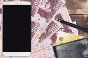500 Hungarian forint bills and smartphone with purse and credit card. E-payments or e-commerce concept. Online shopping and business with portable devices photo