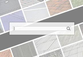 Visualization of the search bar on the background of a collage of many pictures with fragments of various types of roofing. Set of images with roofs photo