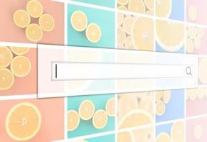 Visualization of the search bar on the background of a collage of many pictures with juicy oranges. Set of images with fruits on backgrounds of different colors photo