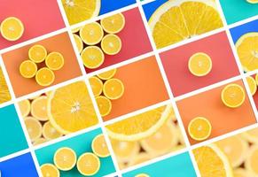 A collage of many pictures with juicy oranges. Set of images with fruits on backgrounds of different colors photo