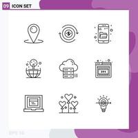 Set of 9 Vector Outlines on Grid for online world dollar globe search Editable Vector Design Elements