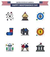 paquete de línea plana llena de 9 símbolos del día de la independencia de estados unidos de regalo navidad celebración de acción de gracias águila editable elementos de diseño vectorial del día de estados unidos vector