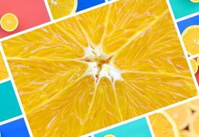 A collage of many pictures with juicy oranges. Set of images with fruits on backgrounds of different colors photo