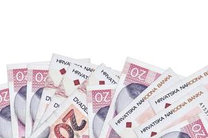 20 Croatian kuna bills lies on bottom side of screen isolated on white background with copy space. Background banner template photo