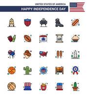 Modern Set of 25 Flat Filled Lines and symbols on USA Independence Day such as bottle hotdog celebration american boot Editable USA Day Vector Design Elements