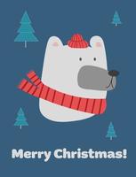 Greeting card. Merry Christmas white polar bear head. Vector illustration of cute cartoon bear in warm red hat and scarf for greeting cards, prints