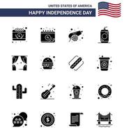 Pack of 16 USA Independence Day Celebration Solid Glyphs Signs and 4th July Symbols such as fast usa bottle theatre entertainment Editable USA Day Vector Design Elements
