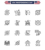 Pack of 16 USA Independence Day Celebration Lines Signs and 4th July Symbols such as security shield glass security star Editable USA Day Vector Design Elements