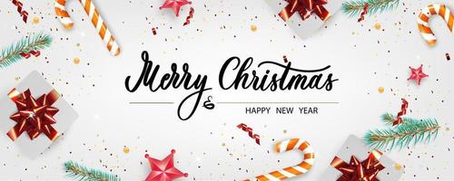 Christmas banner. Xmas background objects viewed from above. Calligraphy text Merry Christmas and Happy New Year. vector