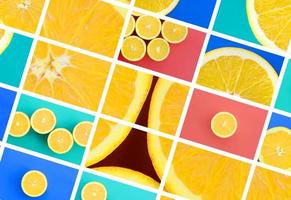 A collage of many pictures with juicy oranges. Set of images with fruits on backgrounds of different colors photo