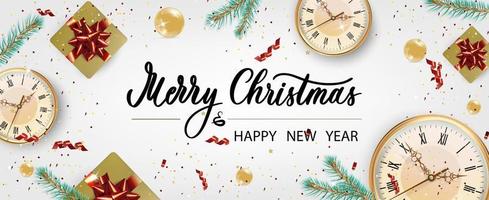 Christmas banner. Xmas background objects viewed from above. Calligraphy text Merry Christmas and Happy New Year. vector