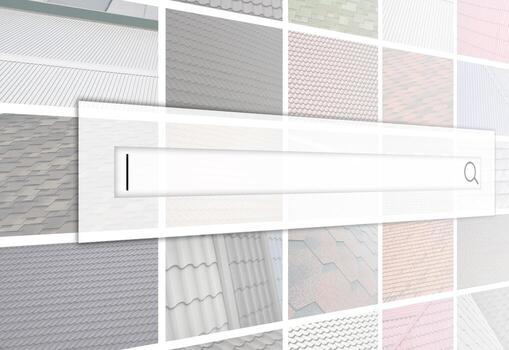 visualización de la barra de búsqueda en el fondo de un collage de muchas imágenes con fragmentos de varios tipos de techos de cerca. un conjunto de imágenes con texturas de revestimiento de techo foto