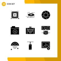 Set of 9 Modern UI Icons Symbols Signs for camping find technology folder photo Editable Vector Design Elements