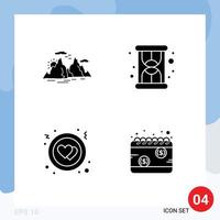 Group of 4 Modern Solid Glyphs Set for mountain heart nature loading calendar Editable Vector Design Elements