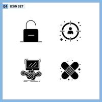 Group of 4 Modern Solid Glyphs Set for lock goal security manager gaming Editable Vector Design Elements