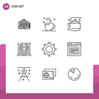 Mobile Interface Outline Set of 9 Pictograms of video learning time education tea Editable Vector Design Elements